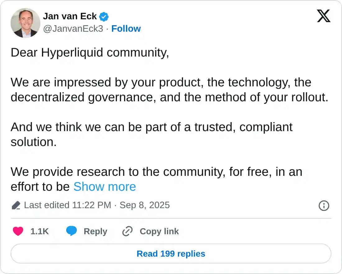 Jan Van Eck kêu gọi Agora tham gia cuộc đua stablecoin USDH của Hyperliquid