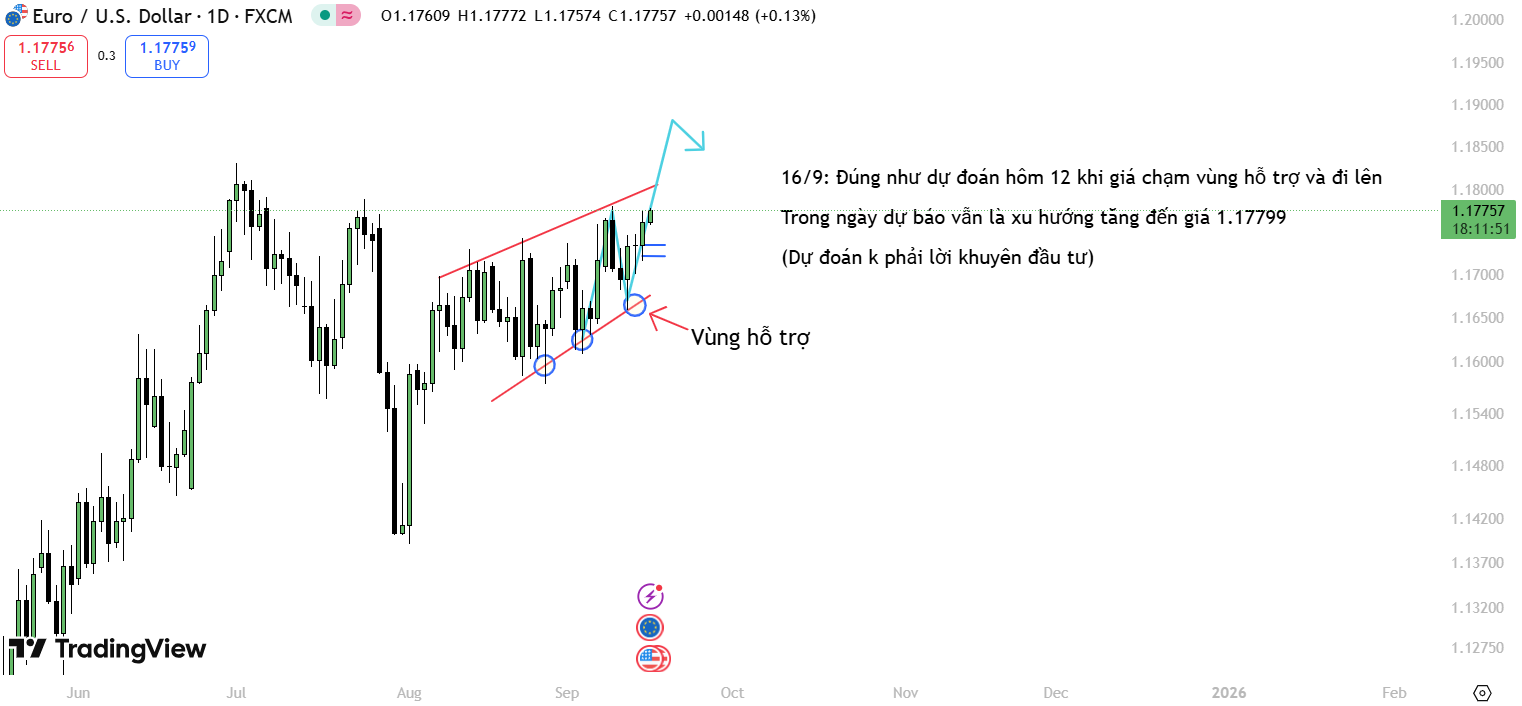 Phân tích EUR/USD hôm nay 16/09 - Đúng như dự đoán, bật tăng từ vùng hỗ trợ và duy trì đà đi lên