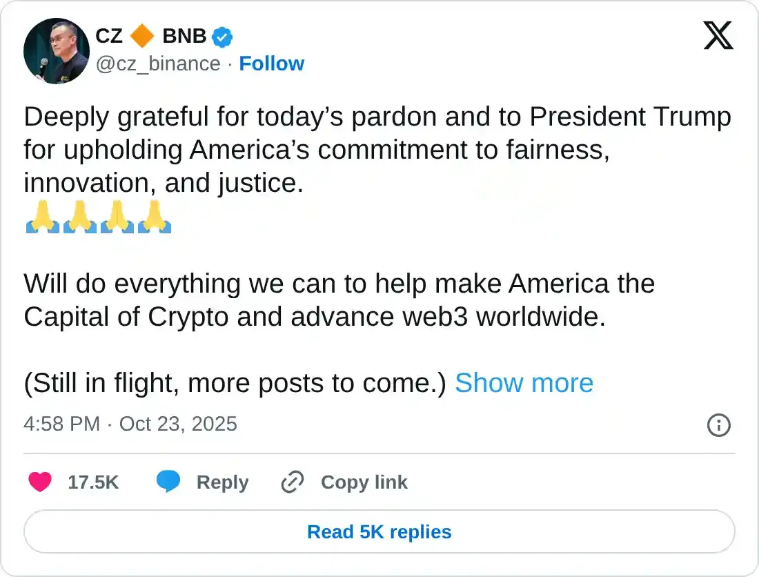 Bitcoin, BNB tăng vọt khi Tổng thống Trump ân xá cho nhà sáng lập Binance Changpeng Zhao