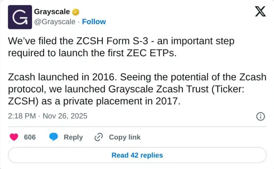 ZEC đạt mức tăng trưởng 5% khi Grayscale nộp đơn xin chuyển đổi Zcash Trust thành ETF