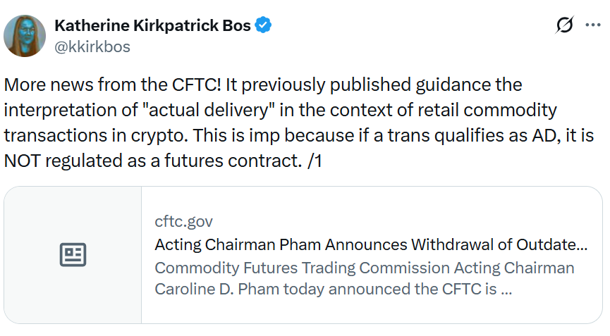 CFTC rút lại hướng dẫn về giao dịch tiền điện tử "giao nhận thực tế", tạo sự linh hoạt cho các sàn giao dịch.