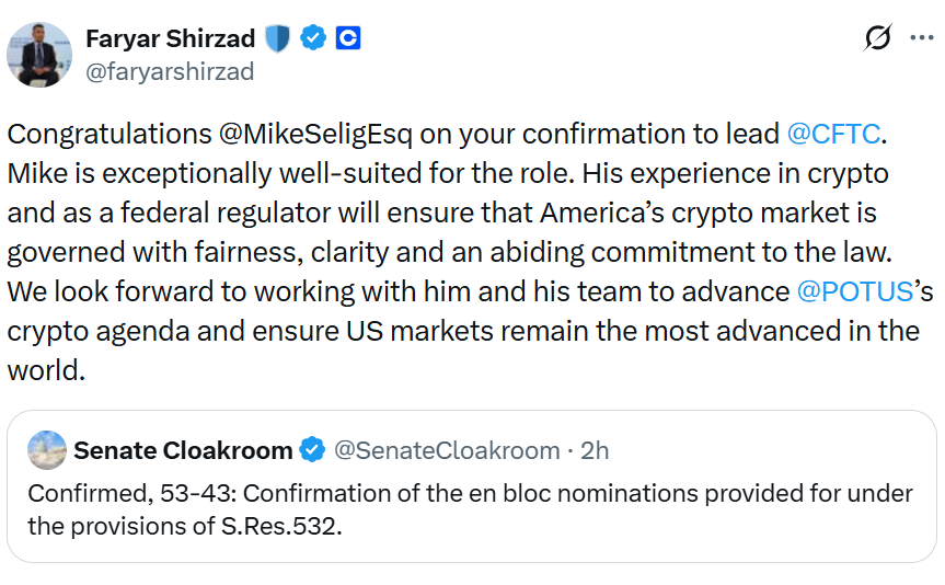 Thượng viện Mỹ phê chuẩn ông Selig, người ủng hộ tiền điện tử, làm người đứng đầu CFTC, và ông Hill làm người đứng đầu FDIC.