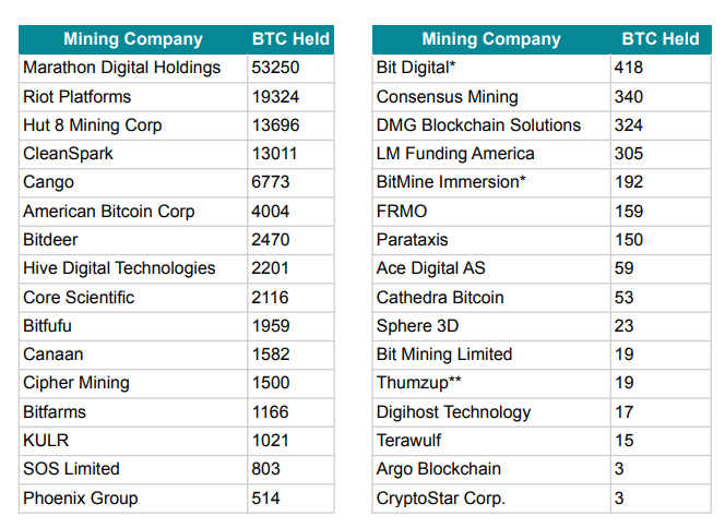 Lượng BTC mà các công ty khai thác nắm giữ. Nguồn: Bitcoin Treasuries