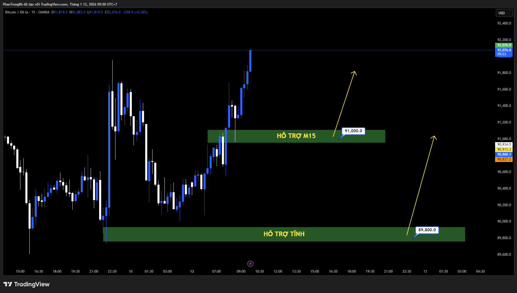 Kế hoạch giao dịch BTC/USD ngày 12/01/2026: Bitcoin chịu áp lực giảm khi tâm lý thận trọng lan rộng, giữ quanh 90.000 USD nhưng nhu cầu suy yếu
