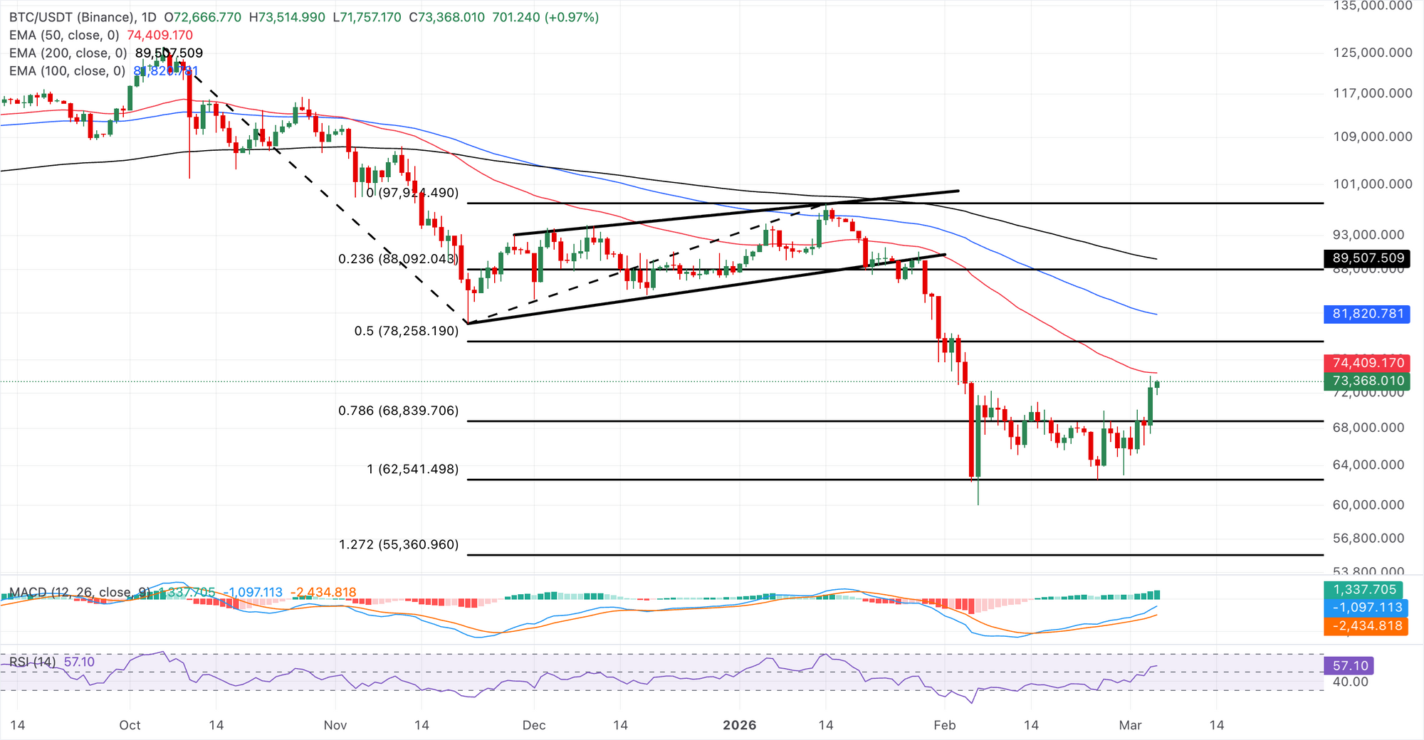 Biểu đồ logarit hàng ngày của BTC/USDT.