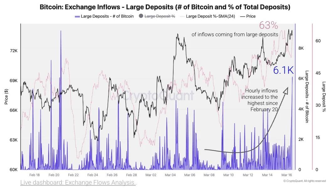 Lượng giao dịch Bitcoin trên các sàn giao dịch đã tăng đột biến trong tuần này. Nguồn: CryptoQuant