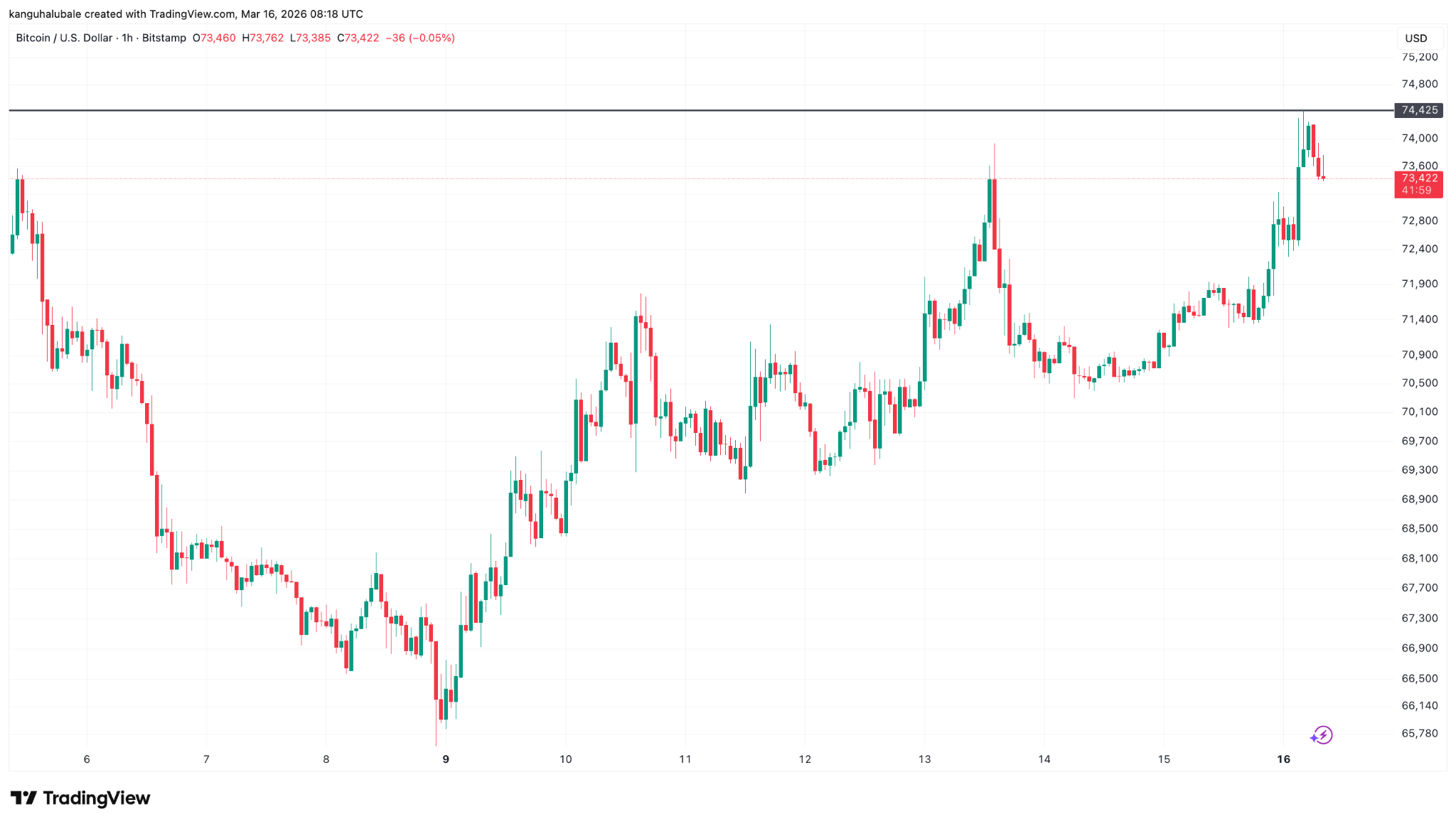 Biểu đồ BTC/USD khung thời gian một giờ. Nguồn: Cointelegraph/TradingView