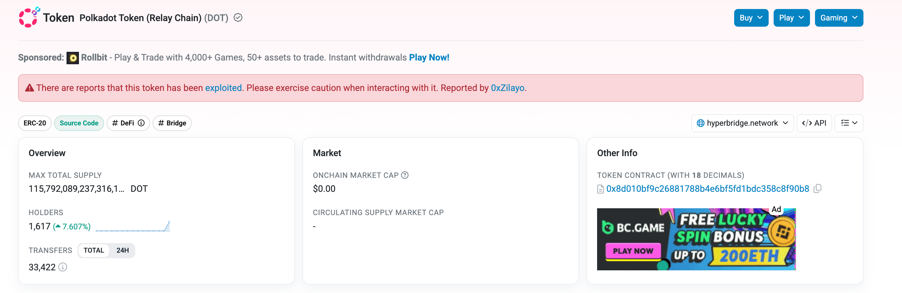 Dữ liệu về chuỗi chuyển tiếp Polkadot trên Ethereum. Nguồn: Etherscan