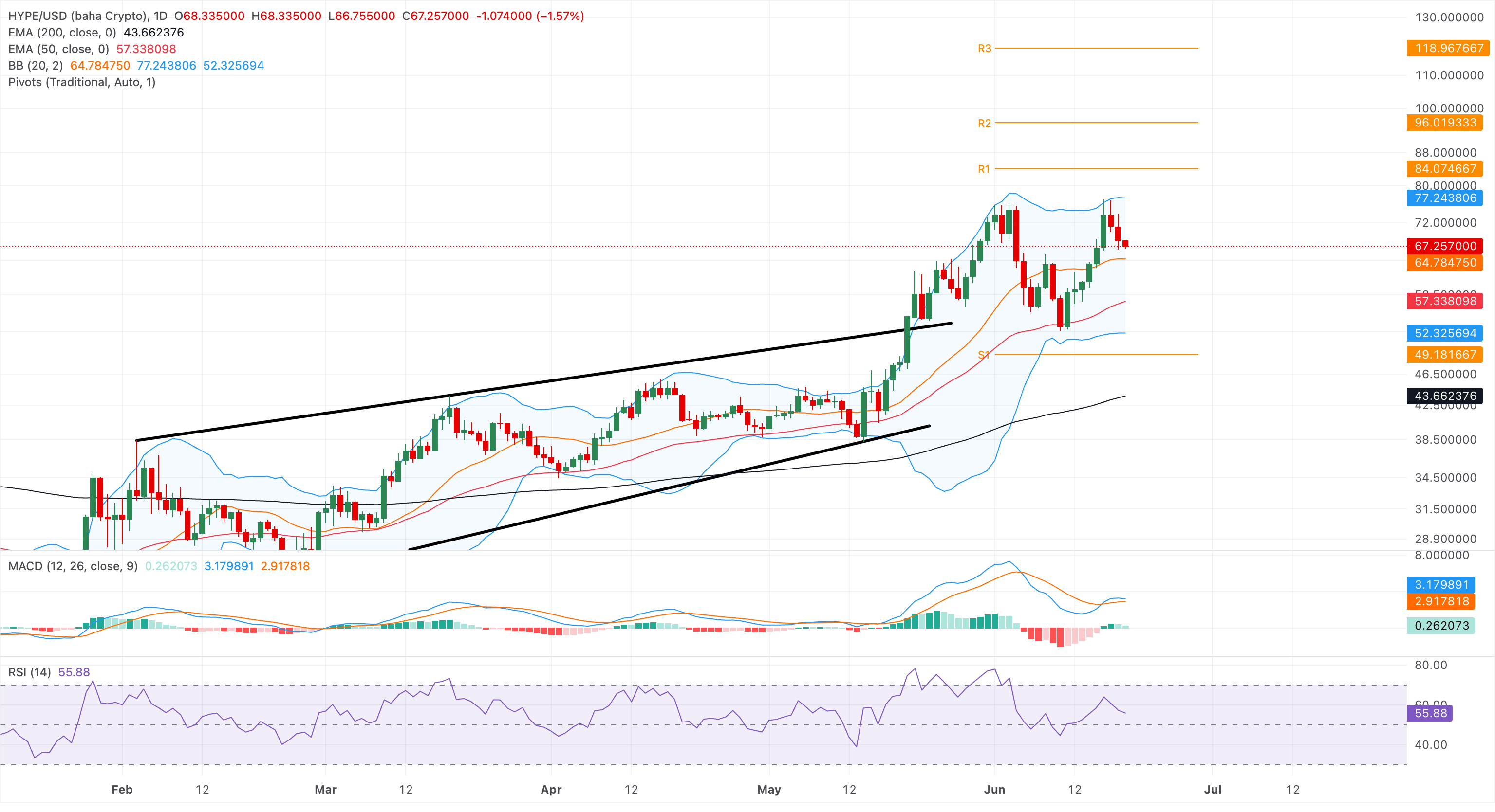 Biểu đồ giá HYPE/USD hàng ngày.
