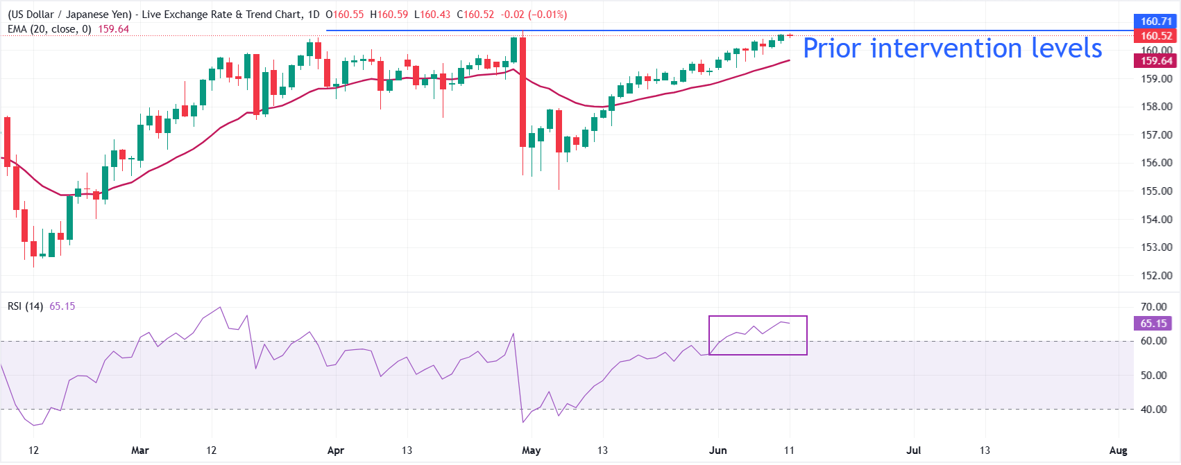 Dự báo giá USD/JPY: Dao động quanh mức can thiệp trước đó, khoảng 160.50.