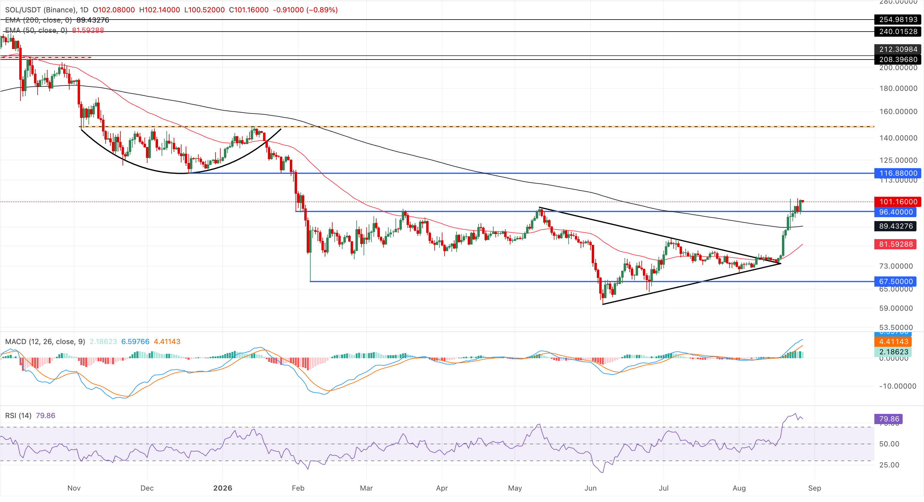 Biểu đồ giá SOL/USDT hàng ngày.