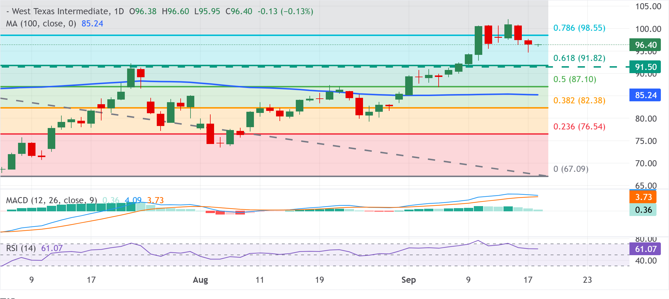 Dự báo giá dầu WTI: Giá ổn định dưới mức giữa 96,00 USD do bất ổn ở Trung Đông tạo điều kiện thuận lợi cho phe mua.